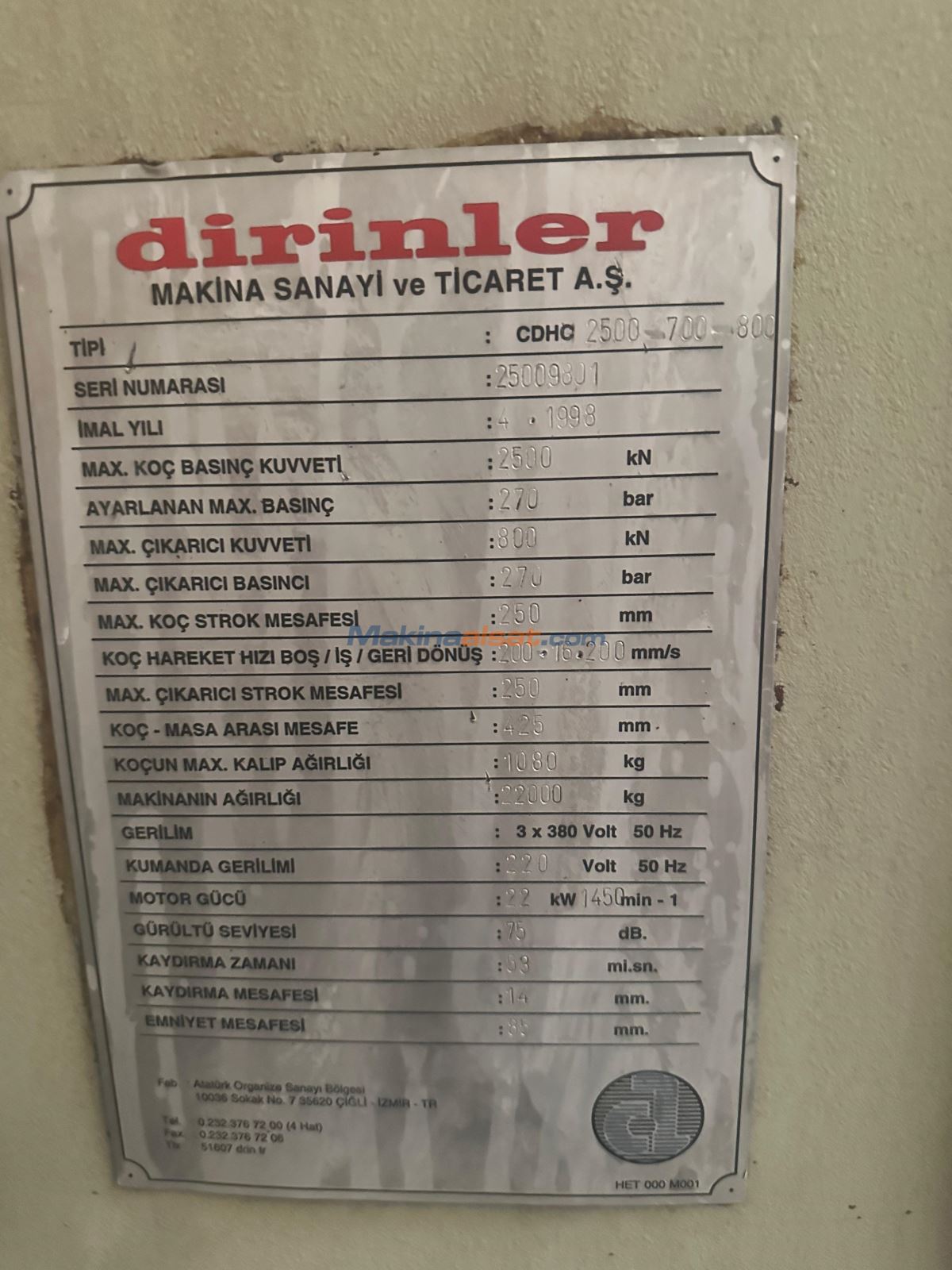 DİRİNLER MARKA 250 TON SIVAMA PRESİ